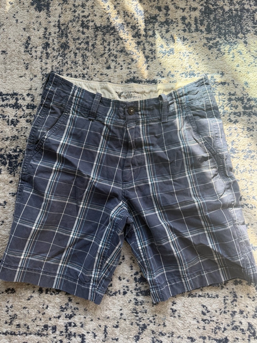 American Eagle Outfitters Navy Plaid Flat Front Shorts